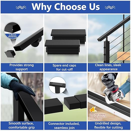 2Pack 8FT T304 Stainless Steel Handrails Black with Extension Connectors End Cap Kits for Cable Railing System Posts Kit, Cuttable Rectangular Handrails Flat Top Rail (Flexible DIY)