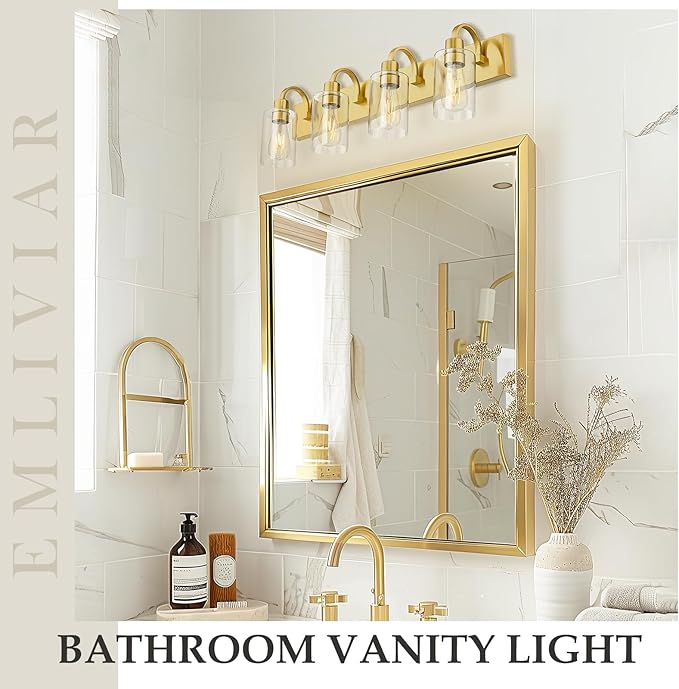 Emliviar 30 Inch Gold Vanity Light, 4-Light Bathroom Light Fixtures with Clear Glass Shade, Brushed Gold Finish, YCE237B-4W BG
