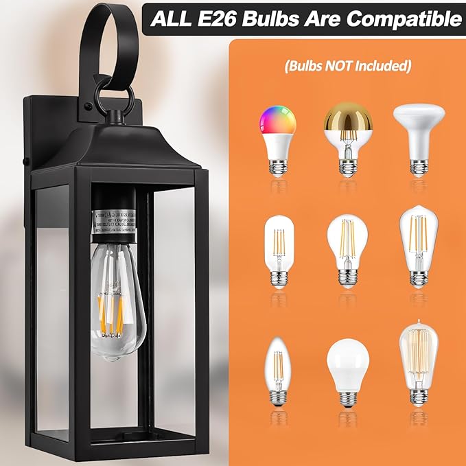 2 Pack Outdoor Light Fixtures Wall Mount, 15 Inch Black Exterior Wall Sconces Waterproof, Large Outside Lights for House, Modern Wall Lanterns Clear Glass