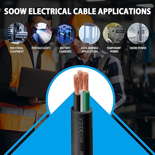 20ft 8/3 8 AWG Portable Power Cable (3 Conductor) - SOOW 600V 8 Gauge Electric Wire for Motor Leads, Portable Lights, Battery Chargers and Machinery - 3 Conductor - 20 Feet Electrical Cord