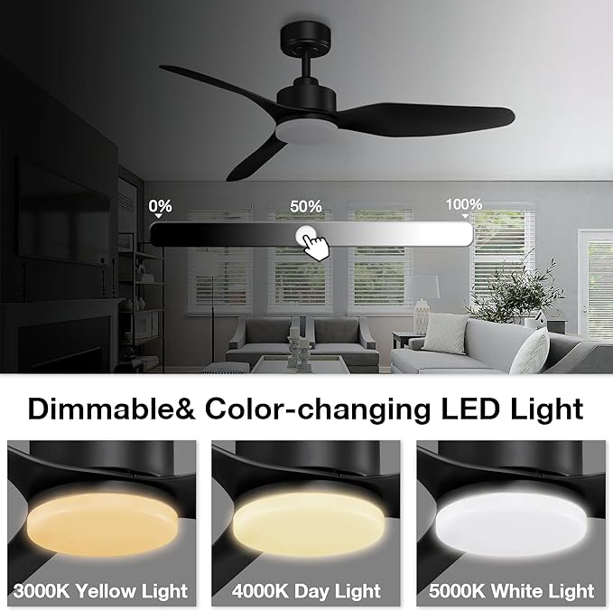 48” Smart Ceiling Fans with LED Lights Remote,Quiet DC Motor,Dimmable,Outdoor Indoor Modern Ceiling Fan Controlled by WIFI Alexa App,3 Black Blades for Bedroom Living Room Patio Porch