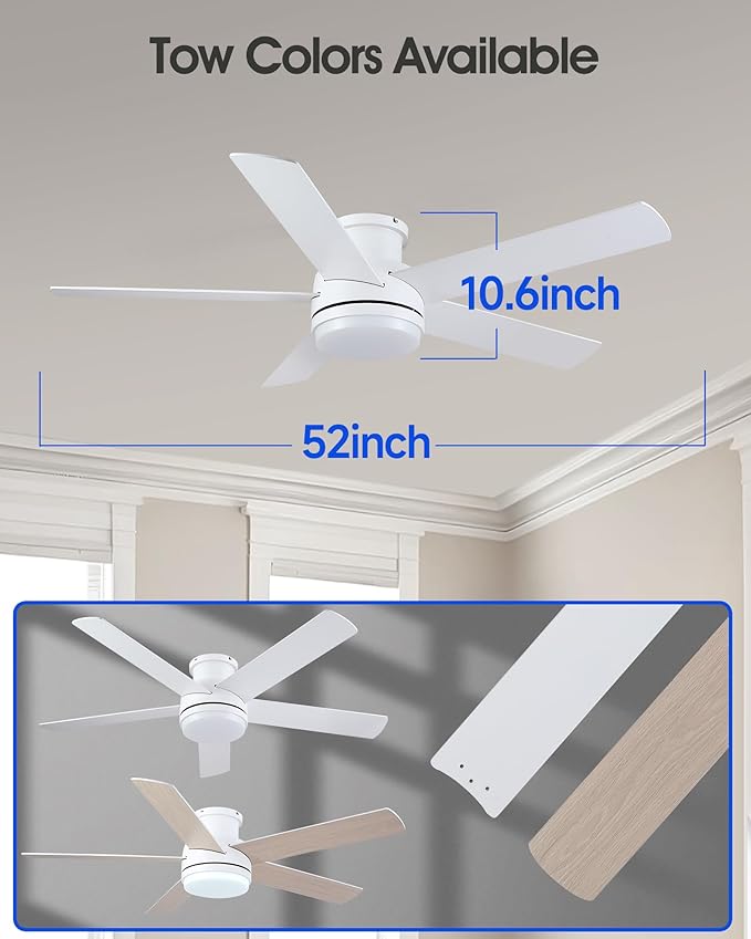 52 Inch White Ceiling Fan With Lights Flush Mount Dimmable 3 Color Temperatures LED Remote Control 6 Speed Reversible DC Motor 5 Blades Modern Ceiling Fan Design for Indoor or Covered Outdoor