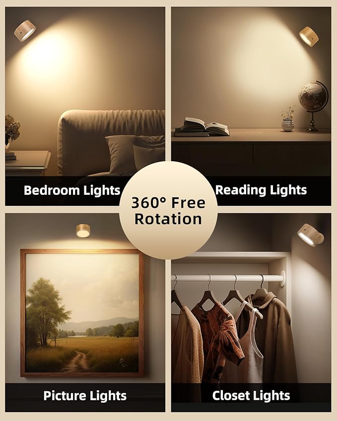 LED Wall Mounted Lights, Rechargeable Wall Sconces Lamp, 3 Color Temps & Remote and Touch, 360°Rotation Dimmable Cordless Wall Light for Study Bedroom Reading Bedside(Wood, 1 Pack)