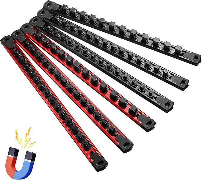 Magnetic Socket Organizer, 6-Piece Heavty Duty Aluminum Socket Holder, Socket Rail for Tool Box, Premium Quality 360° Swivel Socket Rack Kit with 80 Clips for 1/2, 3/8, 1/4-Inch(Red&Black)