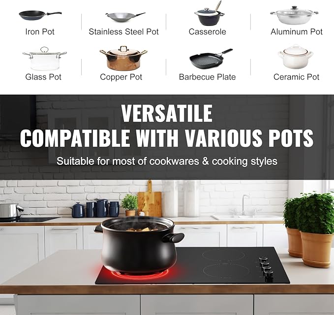 VEVOR Electric Ceramic Cooktop, Built-in Electric Stove Top, with Glass Panel, Knob Control, 11 Heat Levels, for Diverse Cooking Requirements (30inch-4burners/220V)