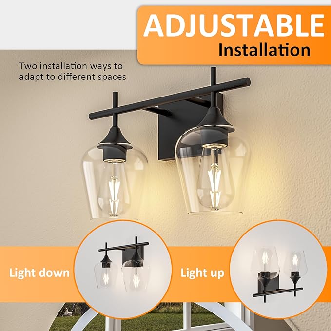 Vanity Bathroom Light, 2-Light Bathroom Light Fixtures Over Mirror, Black Vanity Lights for Bathroom with Clear Glass, Modern Wall Lamp for Cabinet Hallway, Bedroom