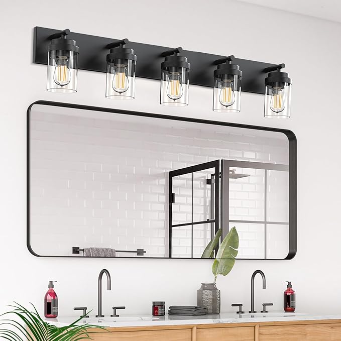 Bathroom Vanity Light Fixture with Clear Glass Shade, 5-Light Matte Black Bathroom Light Fixtures Over Mirror, Modern Vanity Lighting Fixtures for Bathroom/Living Room/Bedroom, E26 lamp Holder