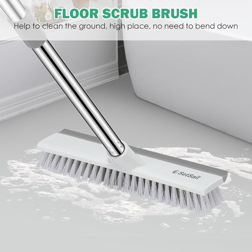 SetSail Upgraded Large 12 in Wide Floor Scrub Brush with 51-Inch Long Adjustable Handle 2 in 1 Scrape Brush Stiff Bristle Floor Scrubber for Cleaning Shower Bathroom Garage Kitchen Wall Deck Tub Tile