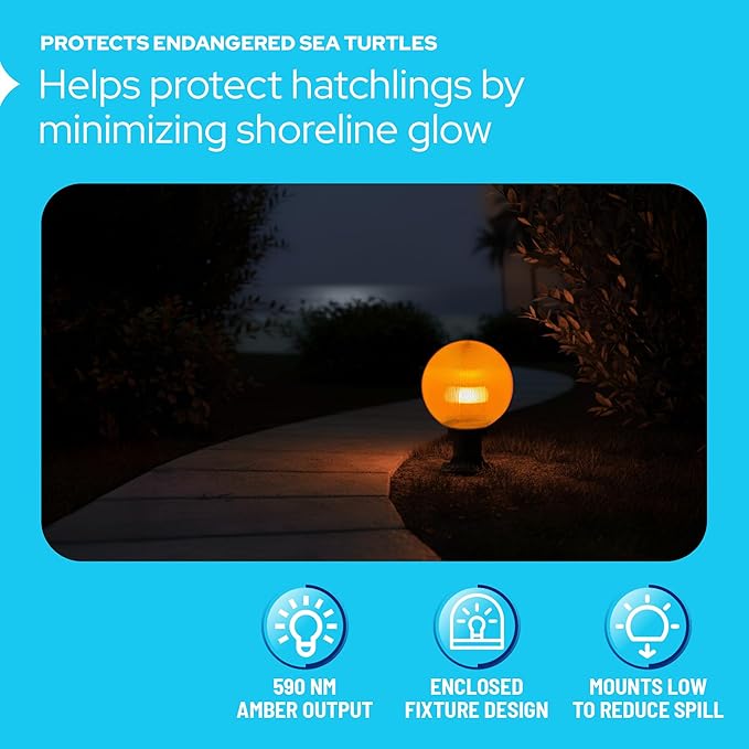 KastLite 590nm Amber LED Pier Mount Globe Light - Sea Turtle Friendly Outdoor Fixture - 7.5W Wildlife Safe Lighting for Coastal Porch Garden & Dock Use - USA Made Prismatic Acrylic Lens, Black Base