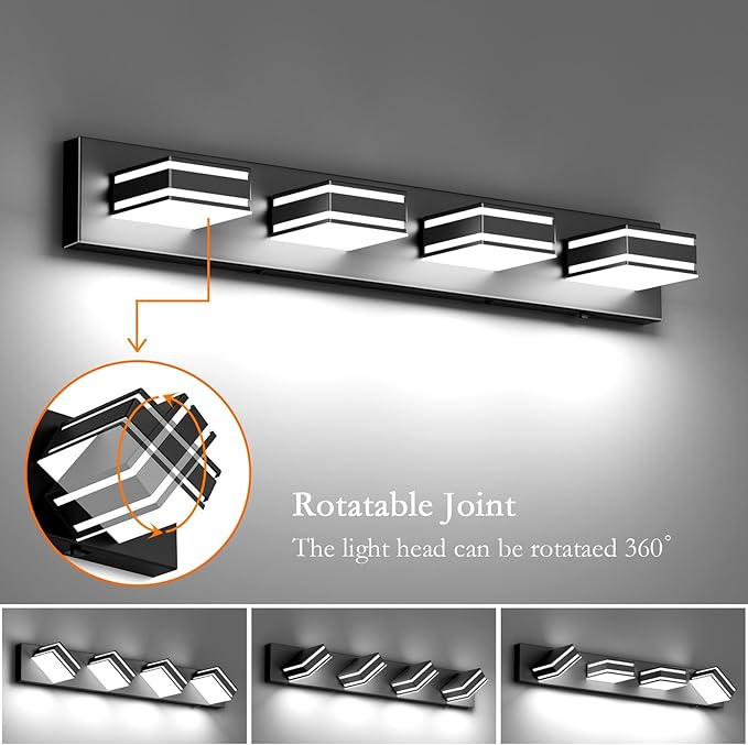 Ralbay 30inch Black Vanity Light for Bathroom with 5 Color Temperatures (3000K-6000K) Dimmable Metal Acrylic Modern LED Matte Black Bathroom Light Fixtures (4-Light)