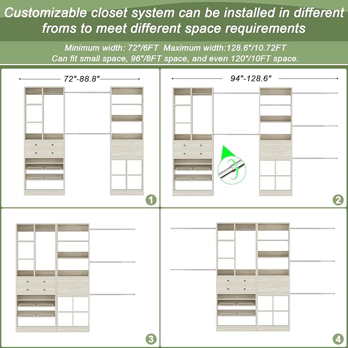 Closet System, Up to 128.6"/10.7 FT Closet Organizer with 4 Wooden Drawers and Shelves, Walk-in Closet System with 6 Hanging Rods, Built-in Closet Can Fit 96"/8FT, 120"/10FT, Greige Oak
