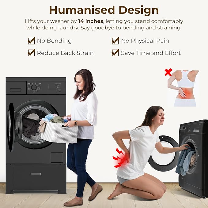 SKM Washer and Dryer Stand - 28" Laundry Pedestals for Washing Machine and Dryer with Top Panel, Heavy Duty Steel Pedestal Raiser, 14.2 Inches Height Elevation in Black