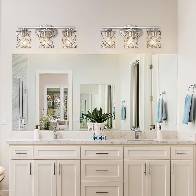mavcadonf 3-Lights Bathroom Vanity Lights, Bathroom Light Fixtures Over Mirror, Brushed Nickel Vanity Light, Farmhouse Wall Lights with Clear Glass Shade, Bathroom Wall Lamp for Mirror Kitchen Bedroom