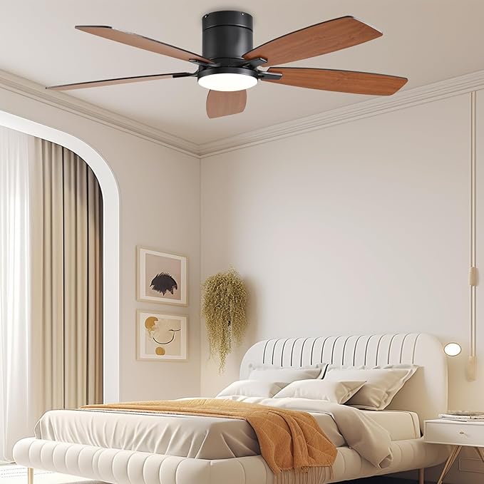 52inch Ceiling Fans with Lights, Low Profile Ceiling Fan with Light and Remote Control/APP Control, Flush Mount, Reversible Motor, Dimmable, Noiseless, Brown Ceiling Fan for Bedroom (Brown)