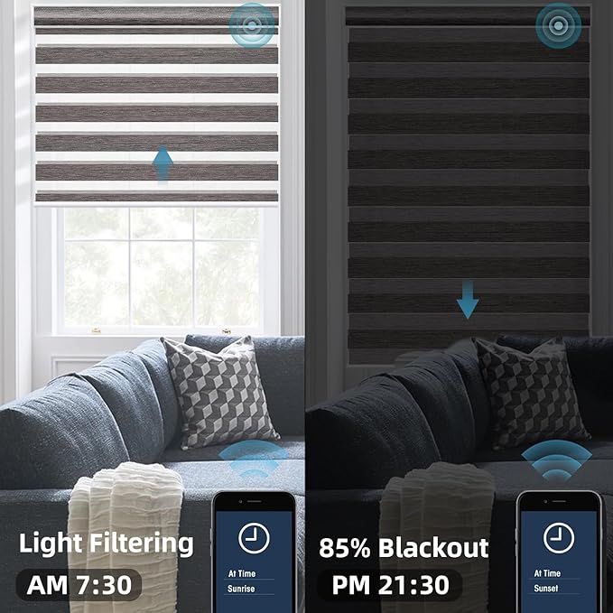 SmartWings Motorized Zebra Shades Work with HomeKit, Alexa, Google Home, 85% Blackout Light Filtering Day Night Sheer Blinds, Privacy Light Control, for Home/Office, Customized, River Stone