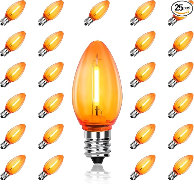 C7 Replacement Bulbs, 25 Pack Halloween Orange LED Bulbs, 0.6W E12 Base for Indoor Outdoor Christmas String Lights, Patio, Party Decor
