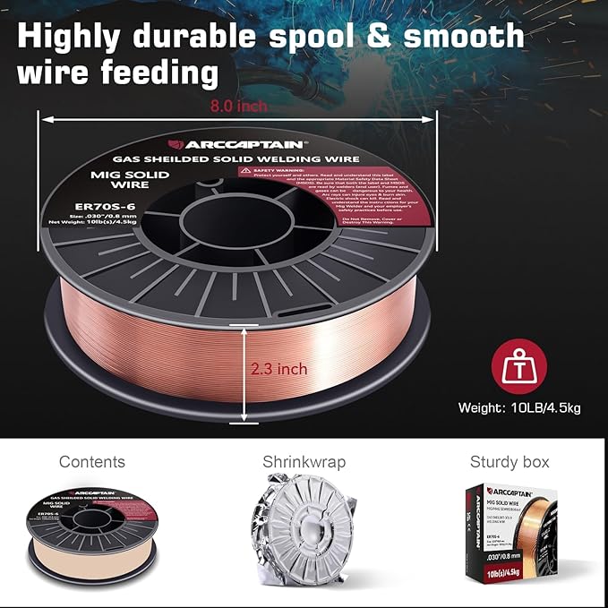 ARCCAPTAIN Mig Welding Wire, 0.030 10Lb Mig Wire ER70S-6 10Lbs Gas Solid Carbon Steel Low Splatter Mig Welding Wire Compatible With Lincoln Miller Forney Harbor Welder 0.08 4.5KG