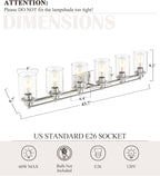 Bathroom Vanity Light Fixtures 6 Light, HWH Brushed Nickel Vanity Light Bathroom Lights Over Mirror, Wall Vanity Lights for Bathroom with Clear Glass Shade, 5HLT63B-6W BN