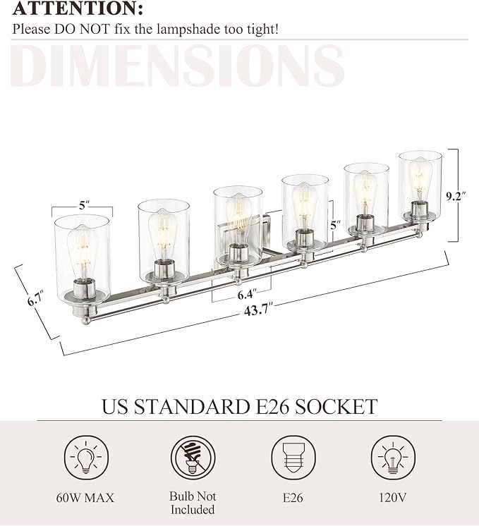 Bathroom Vanity Light Fixtures 6 Light, HWH Brushed Nickel Vanity Light Bathroom Lights Over Mirror, Wall Vanity Lights for Bathroom with Clear Glass Shade, 5HLT63B-6W BN