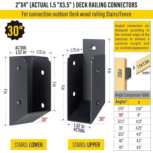 201 Stainless Steel 2" x 4" (1 ½" x 3 ½" Actual) Deck Railing 30° Stair Connectors, for Deck Railing Stair Handrail Connection Installation Deck Railing Bracket (2 Pair-Black)