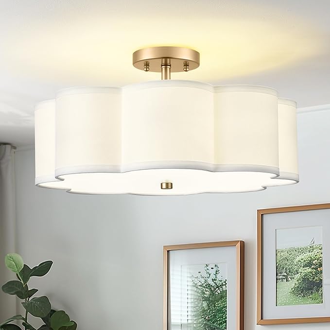 Gold Semi Flush Mount Ceiling Lights, 4-Light 18" Ceiling Light Fixtures with Fabric Shade in Flower Shape, Farmhouse Brass Drum Lighting for Nursery Bedroom Kitchen, AD-22009-4SF-GD