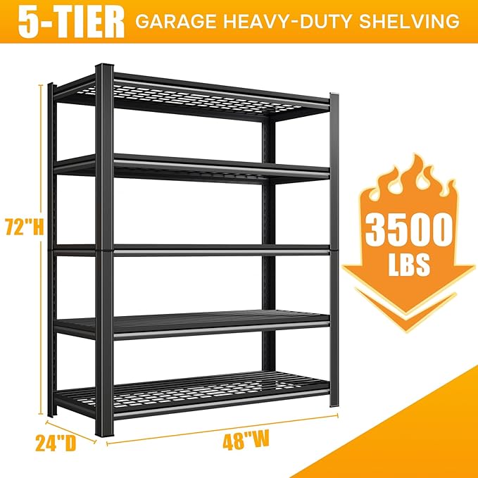 72" H X 48" W X 24" D Heavy Duty Garage Shelving Unit 5 Tier 3500 LBS Storage Shelves Adjustable Industrial Metal Wire Shelf Unit for Garage,Basement,Pantry,Warehouse,Commercial