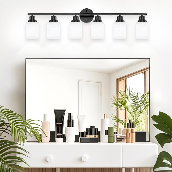 6-Light Bathroom Light Fixtures, Vanity Lights for Mirror with Textured Milky White Glass Shade, E26 Base Modern Kitchen Light Fixtures Wall Sconce Light - Black