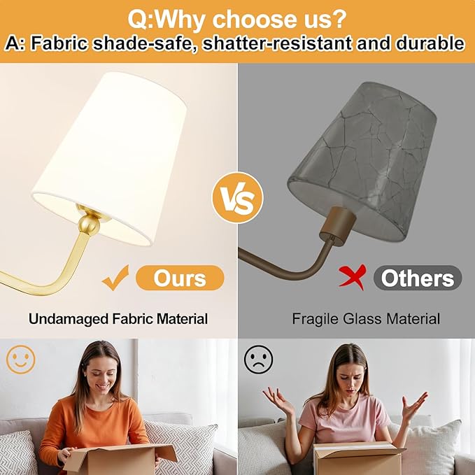 Bathroom Light Fixtures, 3-Light Brushed Gold Vanity Lights, Bathroom Lighting Fixtures Over Mirror with Flared White Fabric Shade, Modern Wall Sconces for Living Room Hallway