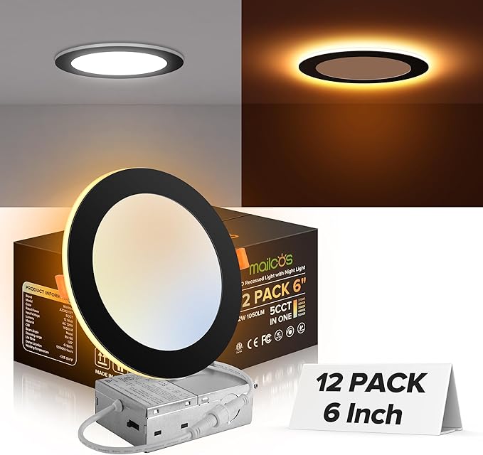 MAILCOS 12 Pack Black 6 Inch 5CCT LED Recessed Ceiling Light with Night Light, 2700K-5000K Selectable, Ultra-Thin Lighting, 12W=110W, 1050LM, Dimmable Canless Wafer Downlight ETL Certificated