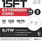 Iron Forge Cable Weatherproof White Outdoor Extension Cord 15 ft - 14/3 SJTW Heavy Duty White Extension Cord 3 Prong - 15 Amp Exterior Power Cable