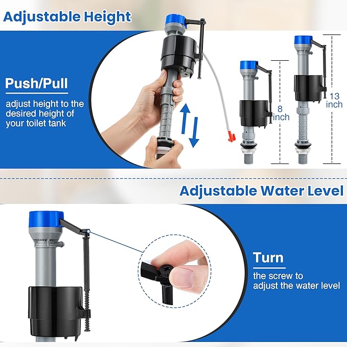 Saillong Universal Toilet Flusher Replacement Kit, Fill Valve, 2-Inch Flapper, Side Mount Handle Lever, Water-Saving, Adjustable Toilet Repair Kit Inside Tank, Easy to Install(1 Set,Blue Grey, Blue)