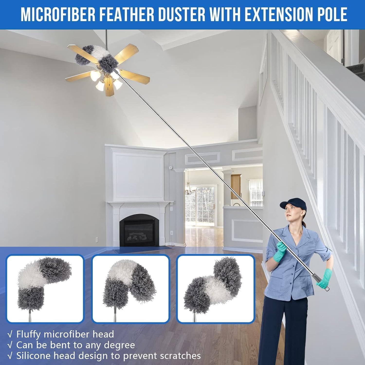 Dusters for Cleaning - 9Pcs Feather Duster Extendable Pole Up to 100'', Microfibre Feather Duster Bendable Washable Long Duster for Cleaning Ceiling Chandelier High Ceiling Furniture