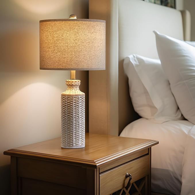 24.75'' Farmhouse Cream-White Ceramic Single Table Lamp for Bedroom Living Room Vintage Traditional Rustic Modern Nightstand Bedside Lamps