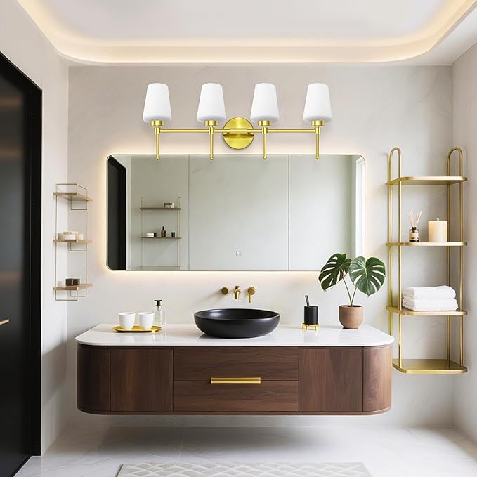 New Bathroom Vanity Light Fixtures 3 Lights Brushed Brass Glass Shade Modern Wall Bar Sconce Over Mirror (Brushed Brass, 4T)