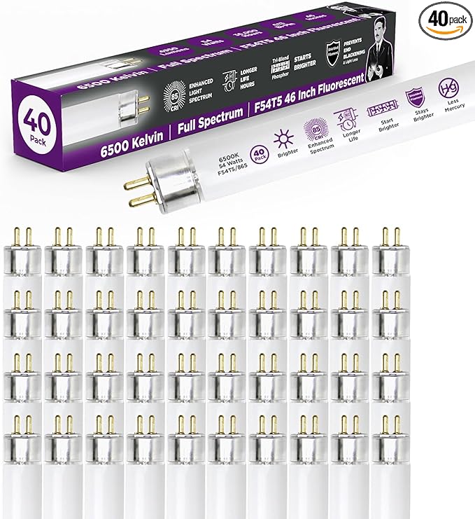 GoodBulb F54T5/865/ECO 54W 46 Inch T5 Fluorescent Light Bulb 6500K Daylight White Color, Medium Bi-Pin Base 4950 Lumens 85 CRI 36000 Life Hours Instant/Programmed Start 40 Bulbs Pack