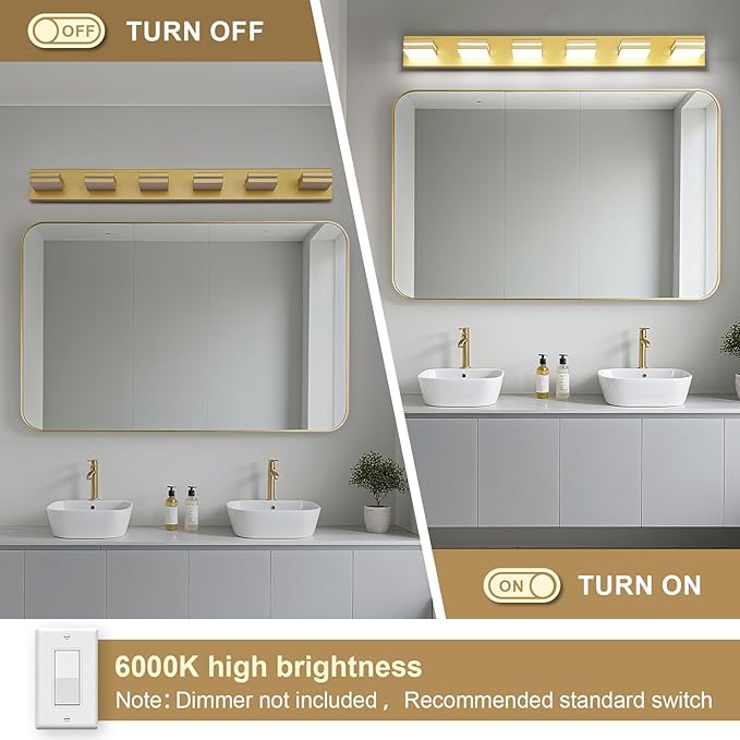 Modern LED Bathroom Lights Fixtures(6-Light),Metal Gold Acrylic Wall Lighting,Vanity Lights for Bathroom Over Mirror(6000k 41In