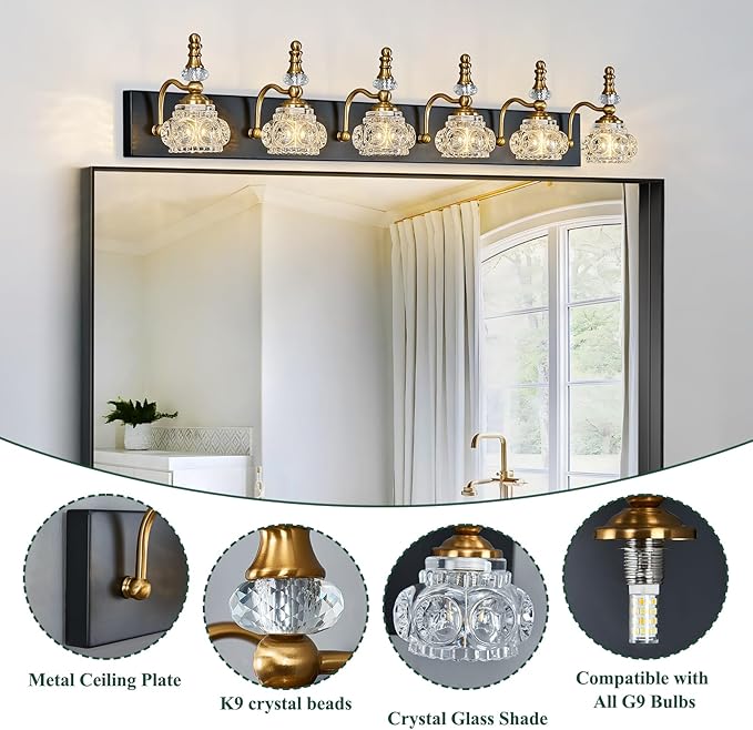 6-Light Vintage Bathroom Vanity Light Fixture Industrial Black Gold with Glass Shade Vanity Light Fixtures Over Mirror Glass Bathroom Vanity Lighting Fixtures G9 Bulb Wall Lights