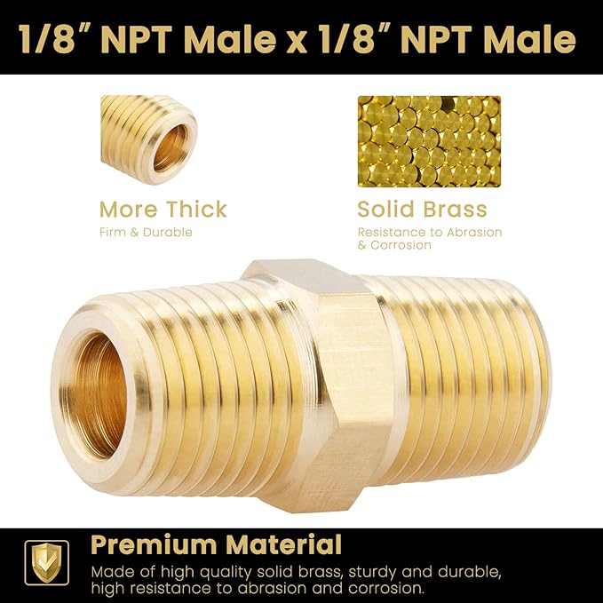 KOOTANS 1/8 NPT x 1/8 NPT Male Solid Brass Hex Nipples, Heavy Brass Pipe Adapter Fittings Equal Nipples Connectors 4Pieces