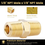KOOTANS 1/8 NPT x 1/8 NPT Male Solid Brass Hex Nipples, Heavy Brass Pipe Adapter Fittings Equal Nipples Connectors 4Pieces