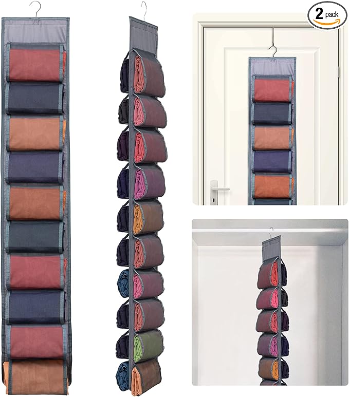 2 Pack Legging Storage Organizer- Hanging Closet Organizer System Clothes Closets Holder with 20 Roll Independent Compartments for Yoga Leggings T-Shirts Bras Socks Pants Tank Top Towel(Grey)