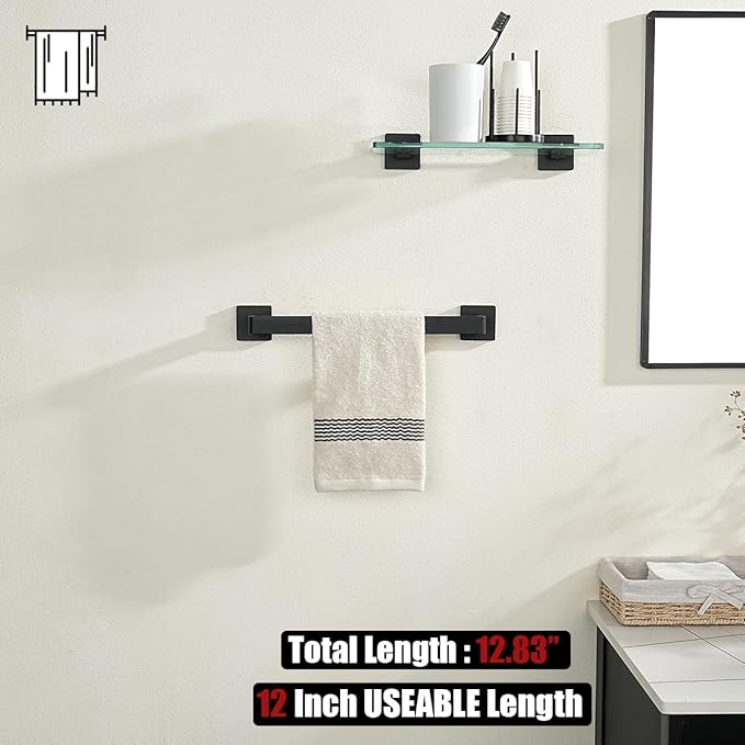 JQK Black Towel Bar, Rounded Edges 18.41 Inch Towel Rack, 304 Stainless Steel Bathroom Wall Mount, Useable Length 16 Inch, TB250L16-PB
