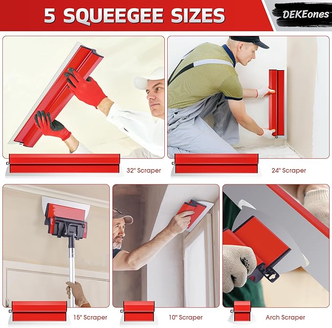 DEKEones Drywall Skimming Blade Set with Portable Case, Stainless Steel 6", 10",16", 24"&32" Skimming Blades with 28"-62" Extension Handle, Drywall Finishing Tools for Plasterboard and Wallboard