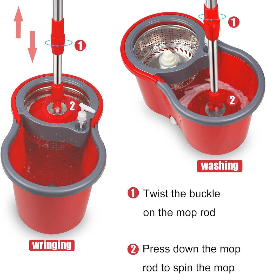 360 Mop and Bucket Set, Spin Mop Bucket with Wringer, Microfiber 3 Mop Replacement Heads, Mops for Floor Cleaning, Mop with Bucket (Red)
