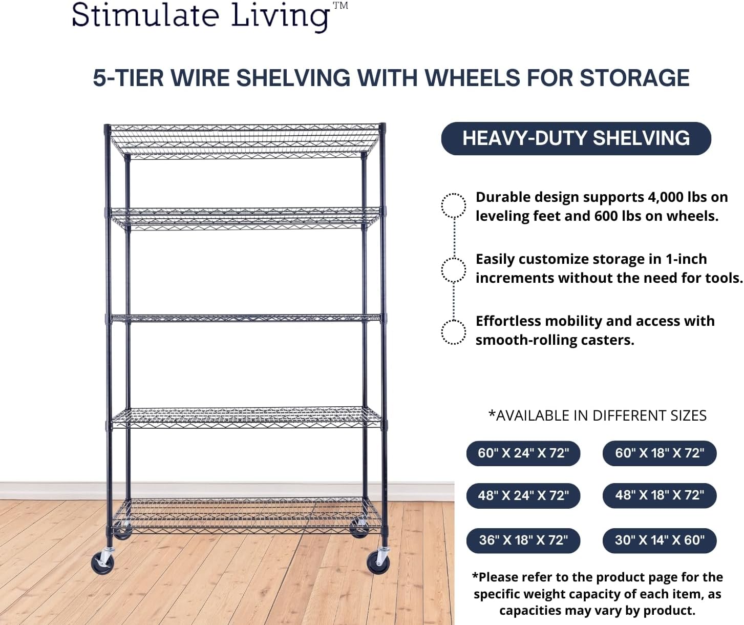 48"x24"x72" Prime Heavy Duty Black 5-Tier Steel Wire Shelving NSF 4000 LBS MAX Capacity Storage Rack for Commercial, School, Home, Garage, Warehouse, Industrial, and Hospital Uses (with Wheels)