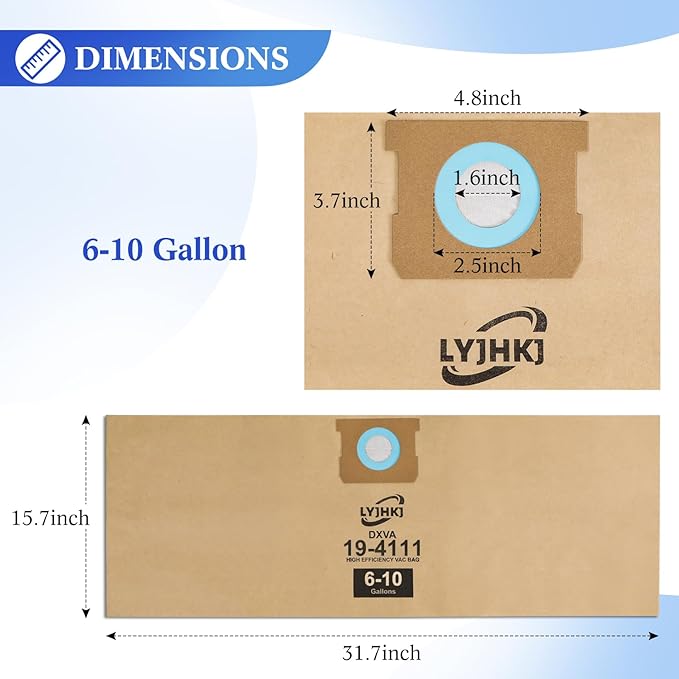 10 Pack DXVA19-4111, DXVA19-4101 Vacuum Bags for DEWALT 6 to 10 Gallon Wet/Dry Vacuum, Disposable Shop Vac Bags, Dust Collection Bag Replacement