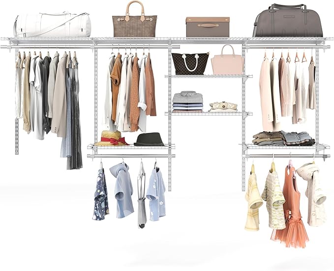 Giantex Closet Organizer System, Wall-mounted Custom Closet Kit w/Adjustable Storage Shelves, Wardrobe Clothes Rack w/Hanging Rods, Perfect for Coats, Pillows, Blanket (White, 98.5"x13.5"x48)