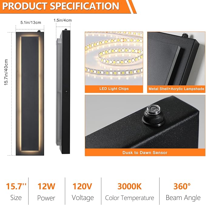 tewei LED Outdoor Wall Sconce Dusk to Dawn Outdoor Lighting, Modern Exterior Lighting Fixtures Matte Black LED Exterior Wall Lights for House Front Porch, Warm White 3000K, 2 Pack