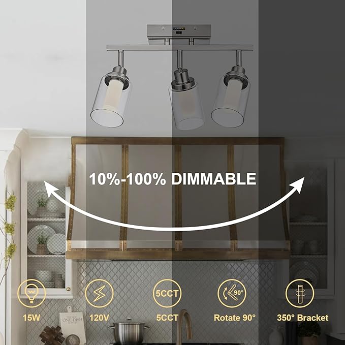 3-Light LED Dimmable Track Lighting Ceiling Fixtures, 5-Color Temperature Brushed Nickel Wall Lamp Spotlight with Integrated LED Chips & Clear Glass Shade & Frosted Column