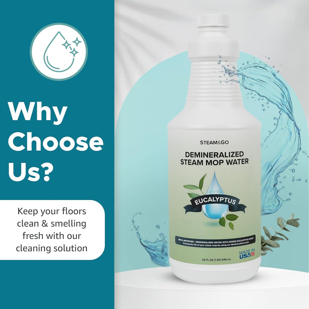 Steam and Go Demineralized Water - Multi-Surface Cleaning Solution for Steam Mop, Ready-to-Use Floor Cleaner, Ideal for Home & Office, Compatible w/Any Steam Mop - Eucalyptus Mint, 32oz, Pack of 12