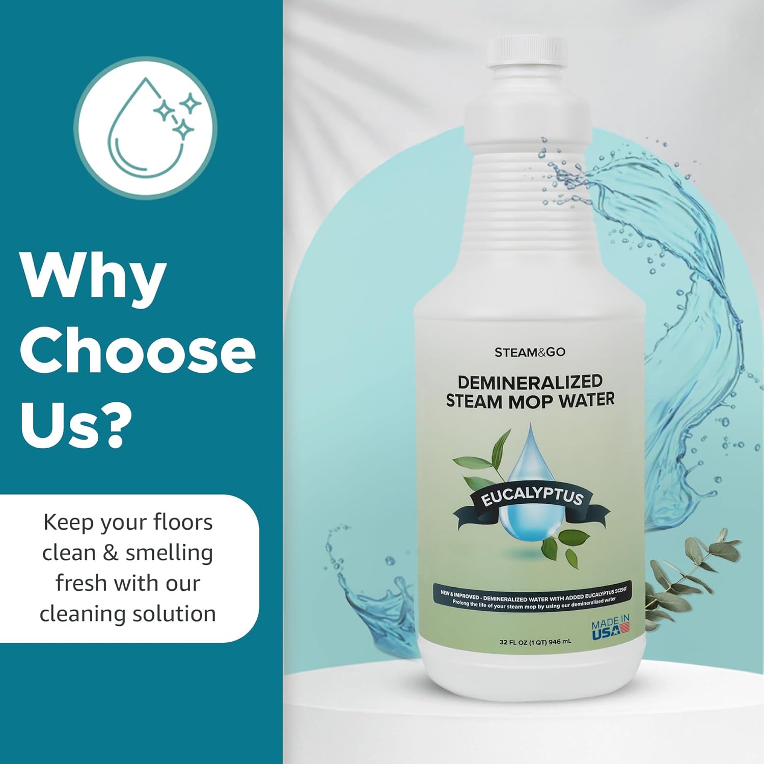 Steam & Go Demineralized Water for Steam Cleaner, PVC-Free Floor Cleaner Liquid Compatible With Any Steam Mop, Ready-to-Use Multisurface Cleaner, Scented, Eucalyptus Mint, 32 oz, Pack of 18